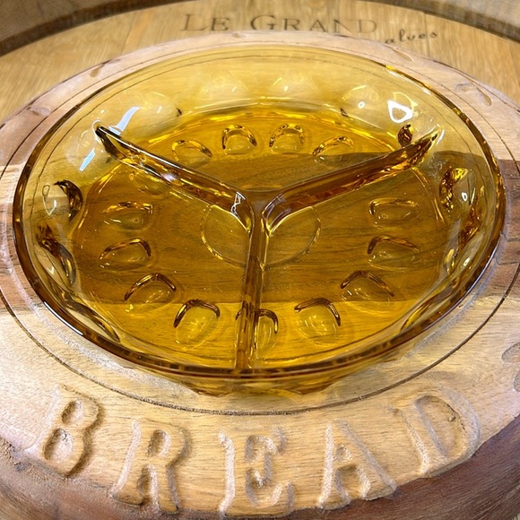 Indiana Glass Co Kings Crown Amber Gold Thumb Print 3 Way Divided Relish Dish - Picture 1 of 8